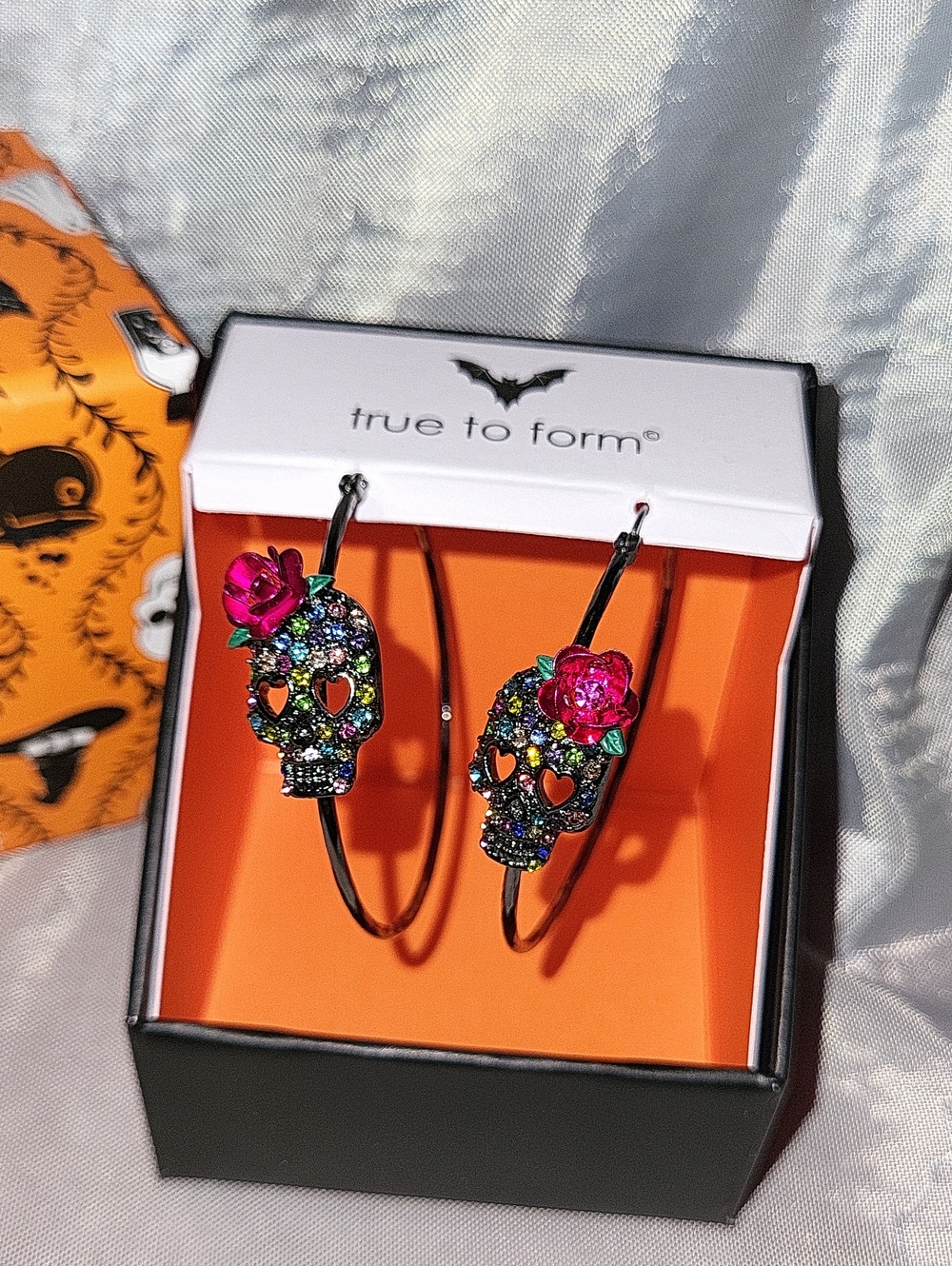 True To Form Black Multicolor Crystal Skull Hoop Earrings Bnib Te